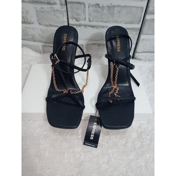 Express Black Gold Chain Strap High Heeled Stiletto Sandals 8 - Picture 1 of 7